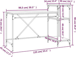 vidaXL - Bureau - schappen - 135x50x90 - bewerkt - hout - en - ijzer - sonoma - eiken