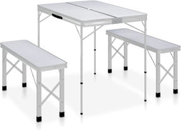 vidaXL - Campingtafel - inklapbaar - met - 2 - banken - aluminium - wit