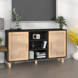 vidaXL - Dressoir - 105x30x60 - cm - massief - grenen - hout - en - rattan - zwart