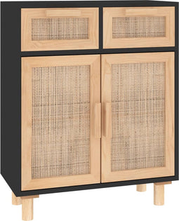 vidaXL - Dressoir - 60x30x75 - cm - massief - grenen - hout - en - rattan - zwart