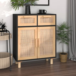 vidaXL - Dressoir - 60x30x75 - cm - massief - grenenhout - en - rattan - wit