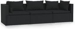 vidaXL - Driezitsbank - met - kussens - poly - rattan - zwart