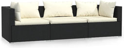 vidaXL - Driezitsbank - met - kussens - poly - rattan - zwart