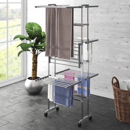 vidaXL - Droogrek - 3-laags - met - wieltjes - 60x70x129 - cm - zilverkleurig