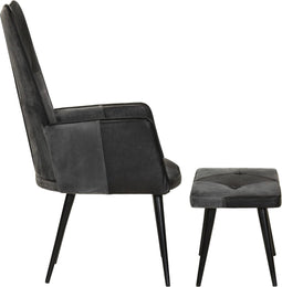 vidaXL Fauteuil met voetensteun echt leer en canvas zwart