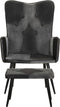 vidaXL Fauteuil met voetensteun echt leer en canvas zwart