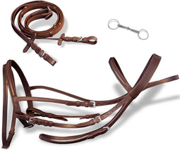 vidaXL - Hoofdstel - leer - met - gecombineerde - neusriem, - teugels - en - bit - bruin - pony