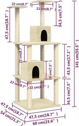 vidaXL - Kattenmeubel - met - sisal - krabpalen - 141 - cm - crèmekleurig