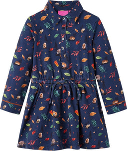 vidaXL-Kinderjurk-met-lange-mouwen-blaadjesprint-140-marineblauw
