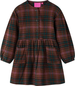 vidaXL-Kinderjurk-met-lange-mouwen-geruit-patroon-140-cognackleurig