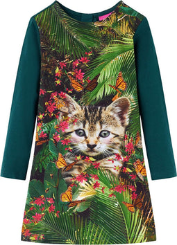 vidaXL-Kinderjurk-met-lange-mouwen-kattenprint-104-donkergroen
