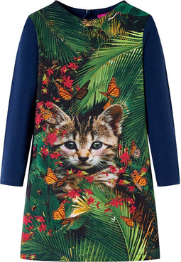 vidaXL-Kinderjurk-met-lange-mouwen-kattenprint-104-marineblauw
