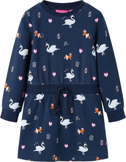 vidaXL-Kinderjurk-met-lange-mouwen-zwanenprint-128-marineblauw