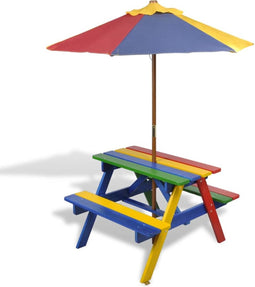 vidaXL - Kinderpicknicktafel - met - banken - en - parasol - hout - meerkleurig