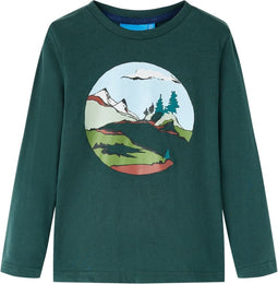 vidaXL-Kindershirt-met-lange-mouwen-bergen-en-bomenprint-128-donkergroen