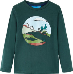 vidaXL-Kindershirt-met-lange-mouwen-bergen-en-bomenprint-92-donkergroen