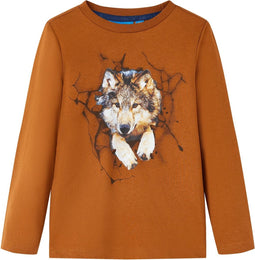 vidaXL-Kindershirt-met-lange-mouwen-wolvenprint-128-cognackleurig