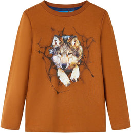 vidaXL-Kindershirt-met-lange-mouwen-wolvenprint-140-cognackleurig