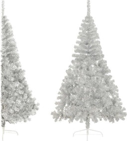 vidaXL - Kunstkerstboom - half - met - standaard - 210 - cm - PET - zilverkleurig
