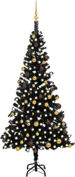 vidaXL - Kunstkerstboom - met - verlichting - en - kerstballen - 210 - cm - PVC - zwart