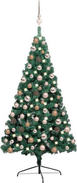 vidaXL - Kunstkerstboom - met - verlichting - en - kerstballen - half - 120 - cm - groen