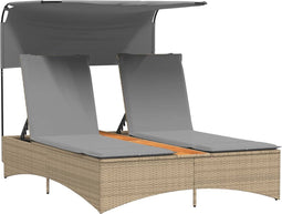 vidaXL - Ligbed - 2-persoons - luifel - en - kussens - poly - rattan - gemengd - beige