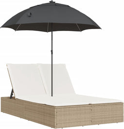 vidaXL - Ligbed - 2-persoons - met - kussens - en - parasol - poly - rattan - beige