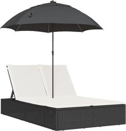 vidaXL - Ligbed - 2-persoons - met - kussens - en - parasol - poly - rattan - zwart