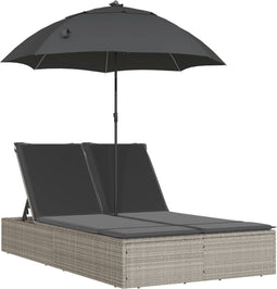 vidaXL - Ligbed - 2-persoons - met - kussens - en - parasol - poly - rattan - lichtgrijs