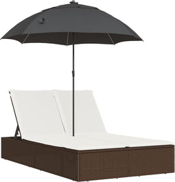 vidaXL - Ligbed - 2-persoons - met - kussens - en - parasol - poly - rattan - bruin