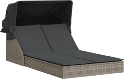 vidaXL - Ligbed - 2-persoons - met - luifel - en - kussens - poly - rattan - grijs