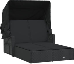 vidaXL - Ligbed - 2-persoons - met - luifel - en - kussens - poly - rattan - zwart