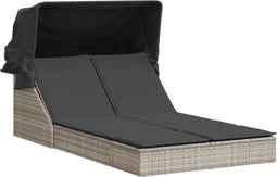 vidaXL - Ligbed - 2-persoons - met - luifel - en - kussens - poly - rattan - lichtgrijs