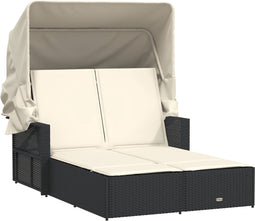 vidaXL - Ligbed - 2-persoons - met - luifel - en - kussens - poly - rattan - zwart