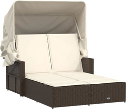 vidaXL - Ligbed - 2-persoons - met - luifel - en - kussens - poly - rattan - bruin