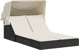 vidaXL - Ligbed - 2-persoons - met - luifel - en - kussens - poly - rattan - zwart