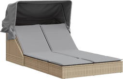 vidaXL - Ligbed - 2-persoons - met - luifel - en - kussens - poly - rattan - beige