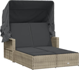 vidaXL - Ligbed - 2-persoons - met - luifel - en - kussens - poly - rattan - lichtgrijs