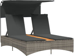 vidaXL - Ligbed - 2-persoons - met - luifel - en - kussens - poly - rattan - grijs