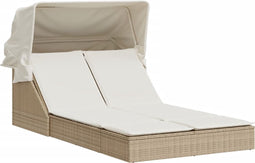 vidaXL - Ligbed - 2-persoons - met - luifel - en - kussens - poly - rattan - beige
