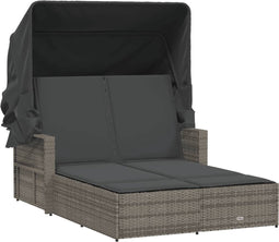 vidaXL - Ligbed - 2-persoons - met - luifel - en - kussens - poly - rattan - grijs