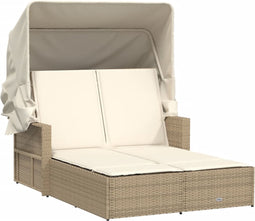 vidaXL - Ligbed - 2-persoons - met - luifel - en - kussens - poly - rattan - beige