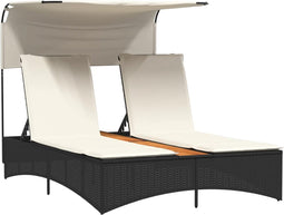 vidaXL - Ligbed - 2-persoons - met - luifel - en - kussens - poly - rattan - zwart