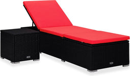 vidaXL - Ligbed - met - kussen - en - theetafel - poly - rattan - rood