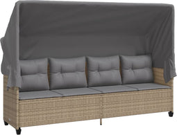 vidaXL - Ligbed - met - luifel - en - kussen - poly - rattan beige