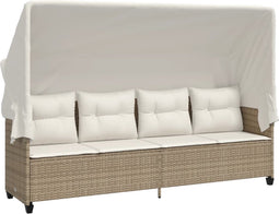 vidaXL - Ligbed - met - luifel - en - kussen - poly - rattan beige