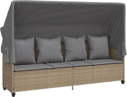 vidaXL - Ligbed - met - luifel - en - kussen - poly - rattan beige