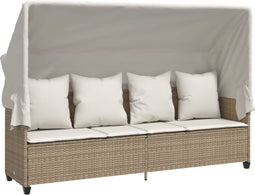 vidaXL - Ligbed - met - luifel - en - kussen - poly - rattan beige