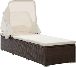 vidaXL - Ligbed - met - luifel - en - kussen - poly - rattan - bruin