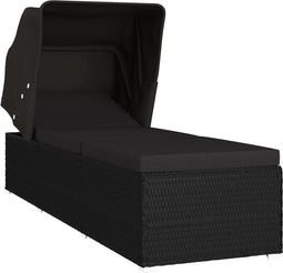 vidaXL - Ligbed - met - luifel - en - kussen - poly - rattan - zwart
